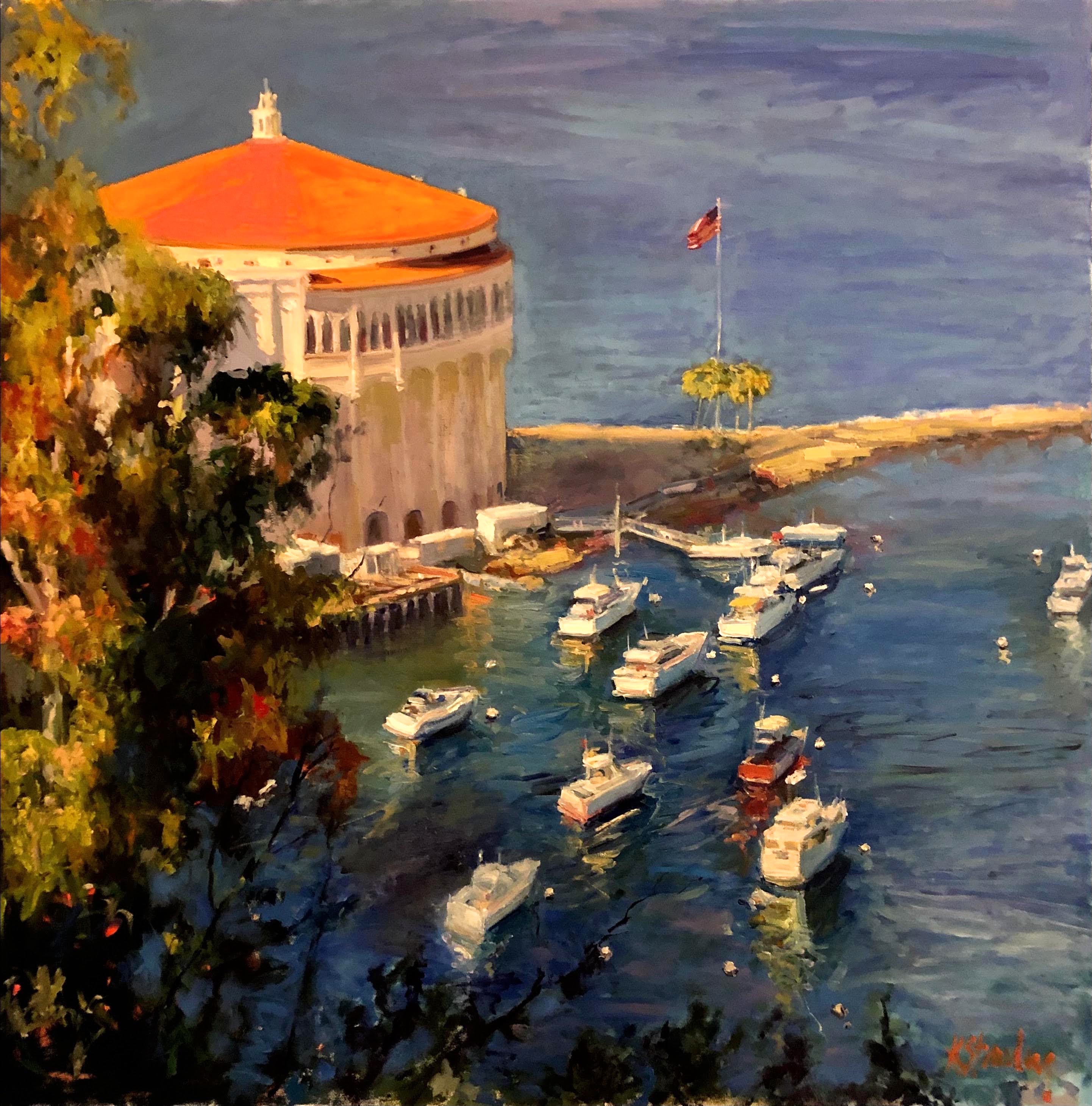 An impressionist oil painting of the Catalina Casino with its orange dome above Avalon harbor filled with moored boats, by Kymberlee Stanley